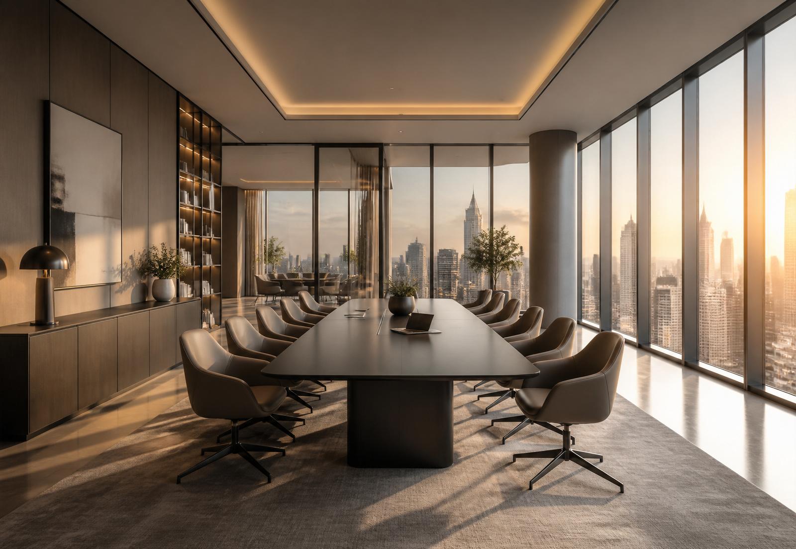 Modern, sleek boardroom with city skyline views